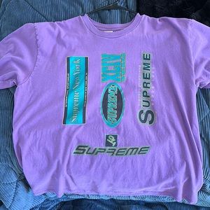 Purple supreme multi logos tee. XL.